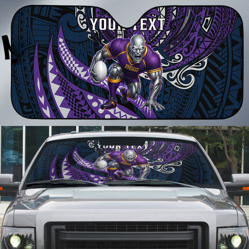 Personalised Melbourne Storm Auto Sun Shade Polynesian Tribal Art Style With Cyborg Storm Mascot