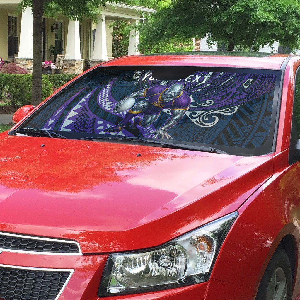 Personalised Melbourne Storm Auto Sun Shade Polynesian Tribal Art Style With Cyborg Storm Mascot