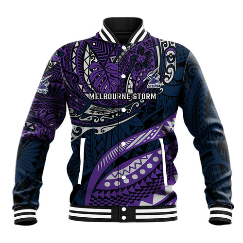 Personalised Melbourne Storm Baseball Jacket Polynesian Tribal Art Style With Cyborg Storm Mascot