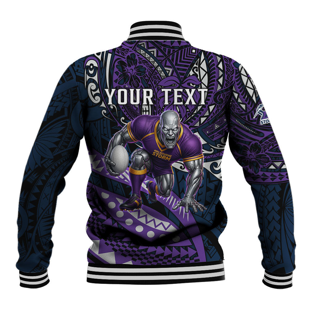 Personalised Melbourne Storm Baseball Jacket Polynesian Tribal Art Style With Cyborg Storm Mascot