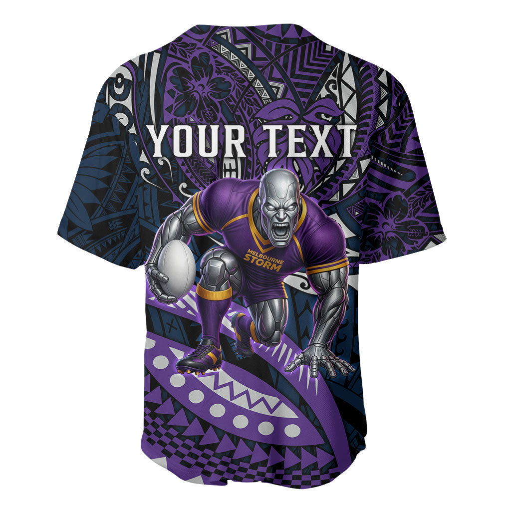 Personalised Melbourne Storm Baseball Jersey Polynesian Tribal Art Style With Cyborg Storm Mascot