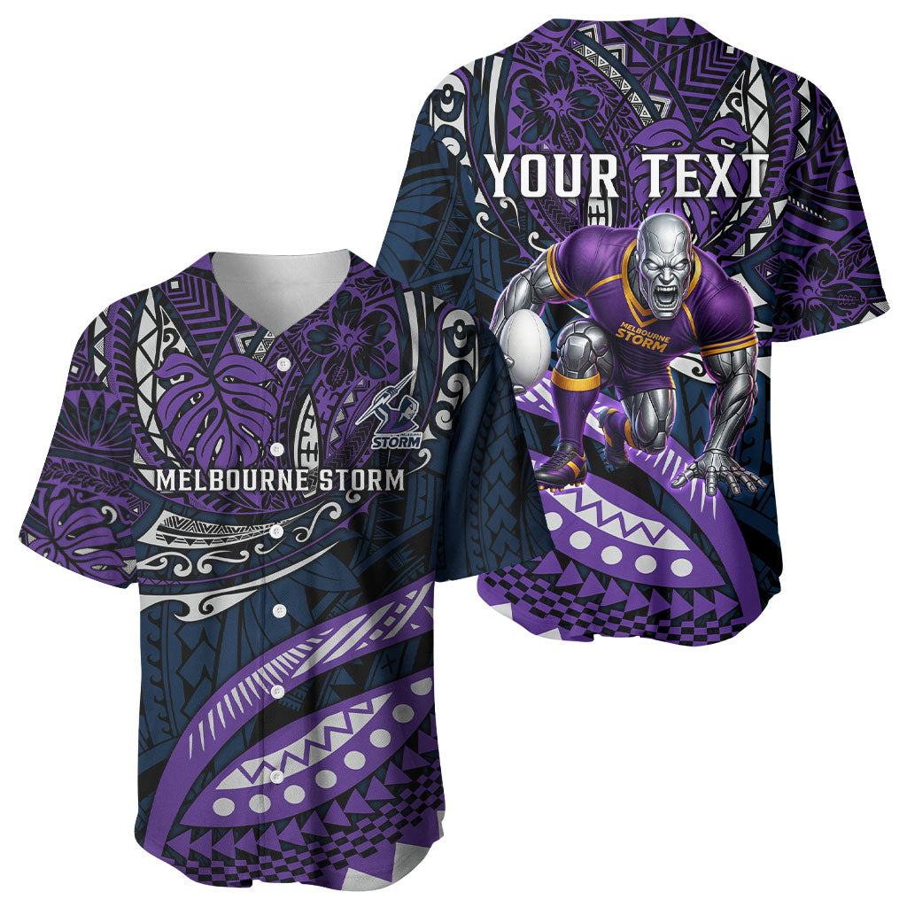 Personalised Melbourne Storm Baseball Jersey Polynesian Tribal Art Style With Cyborg Storm Mascot