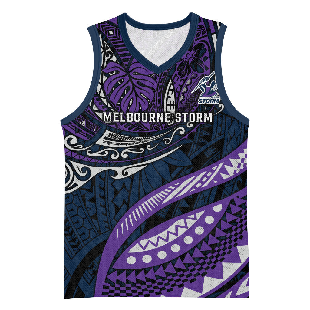 Personalised Melbourne Storm Basketball Jersey Polynesian Tribal Art Style With Cyborg Storm Mascot
