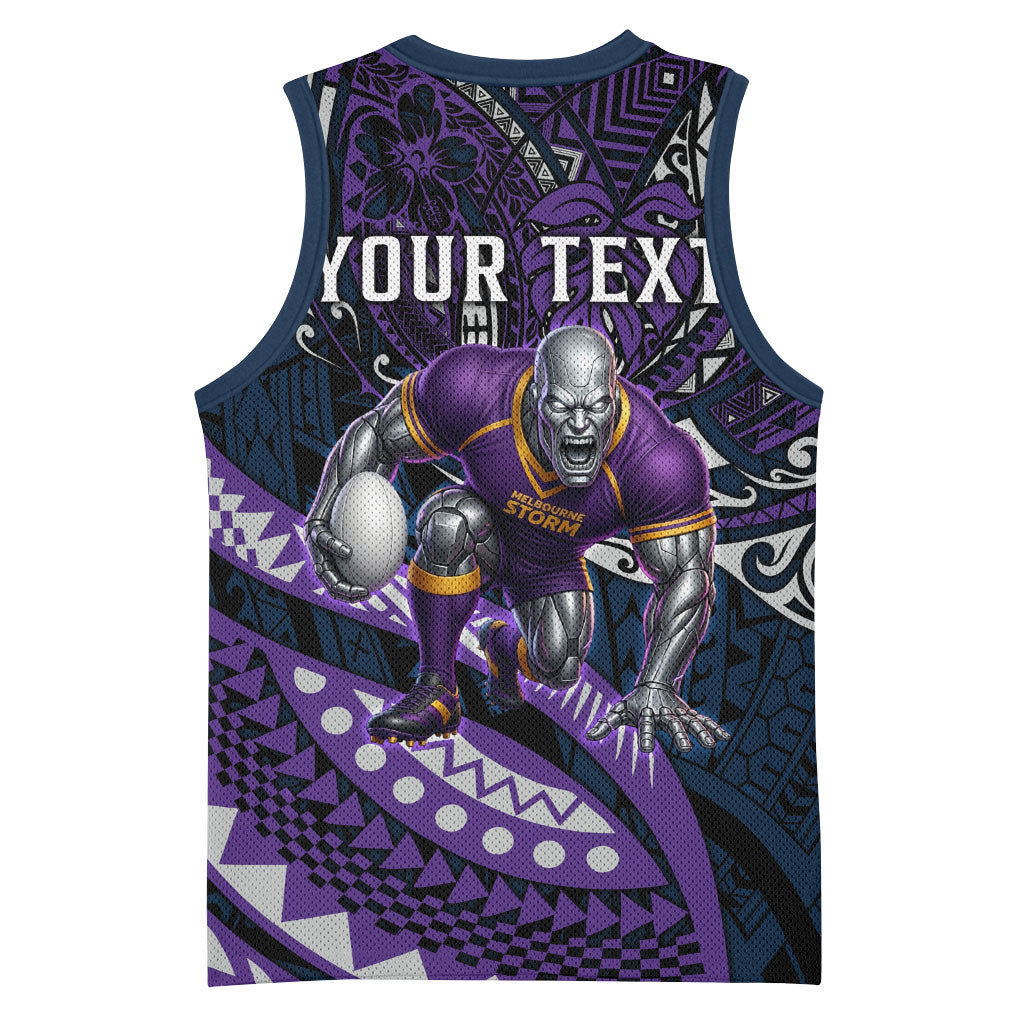 Personalised Melbourne Storm Basketball Jersey Polynesian Tribal Art Style With Cyborg Storm Mascot