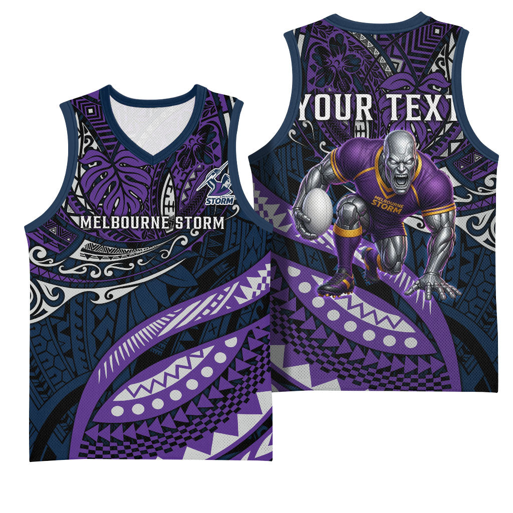 Personalised Melbourne Storm Basketball Jersey Polynesian Tribal Art Style With Cyborg Storm Mascot