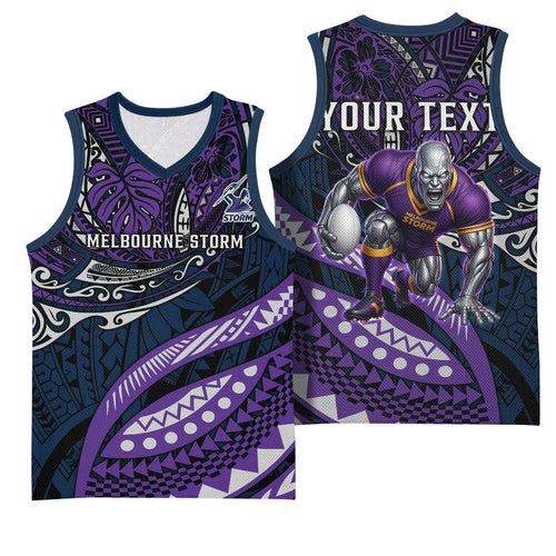 Personalised Melbourne Storm Basketball Jersey Polynesian Tribal Art Style With Cyborg Storm Mascot