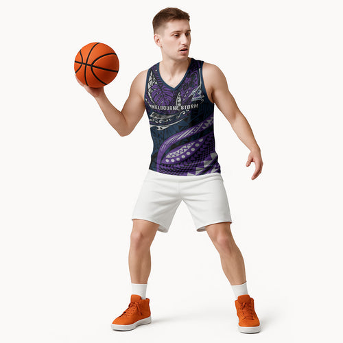 Personalised Melbourne Storm Basketball Jersey Polynesian Tribal Art Style With Cyborg Storm Mascot