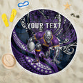 Personalised Melbourne Storm Beach Blanket Polynesian Tribal Art Style With Cyborg Storm Mascot