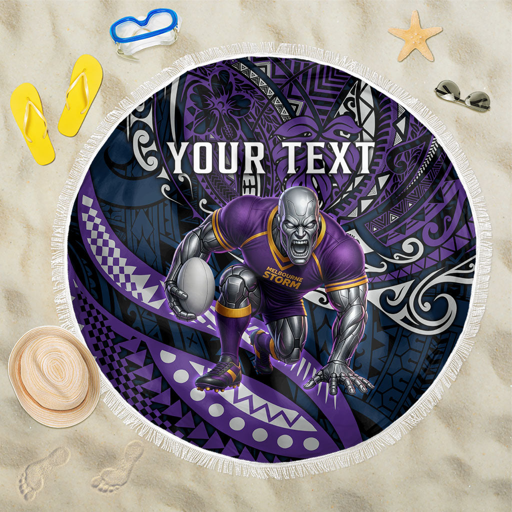 Personalised Melbourne Storm Beach Blanket Polynesian Tribal Art Style With Cyborg Storm Mascot