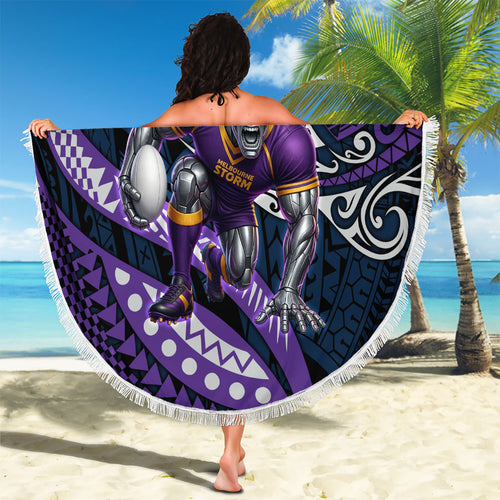 Personalised Melbourne Storm Beach Blanket Polynesian Tribal Art Style With Cyborg Storm Mascot