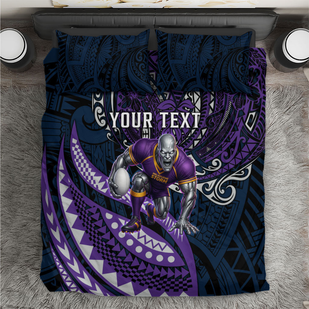 Personalised Melbourne Storm Bedding Set Polynesian Tribal Art Style With Cyborg Storm Mascot