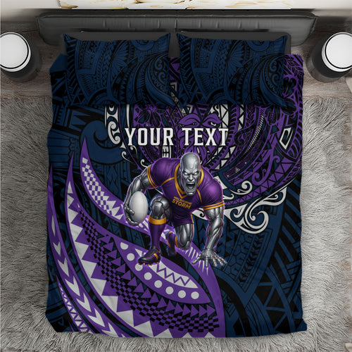 Personalised Melbourne Storm Bedding Set Polynesian Tribal Art Style With Cyborg Storm Mascot