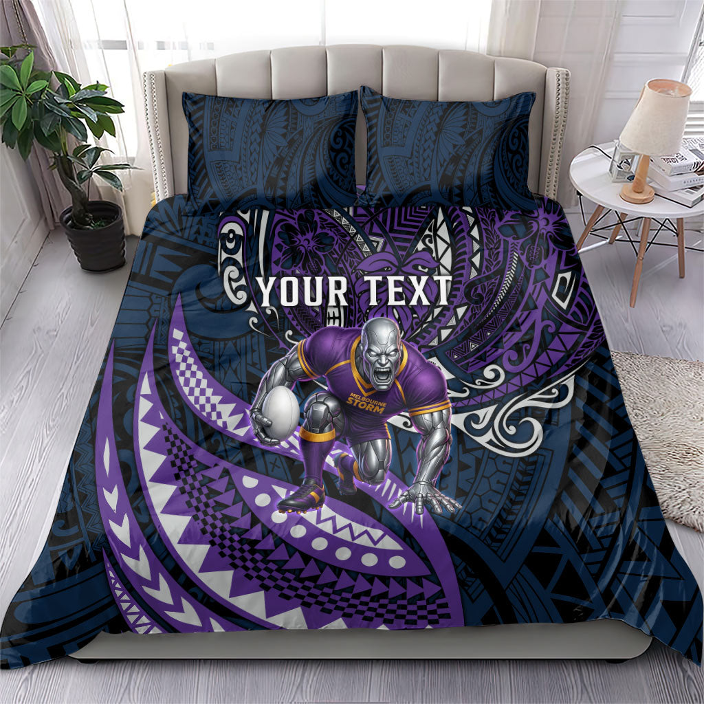 Personalised Melbourne Storm Bedding Set Polynesian Tribal Art Style With Cyborg Storm Mascot