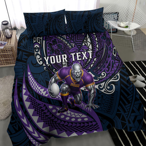 Personalised Melbourne Storm Bedding Set Polynesian Tribal Art Style With Cyborg Storm Mascot