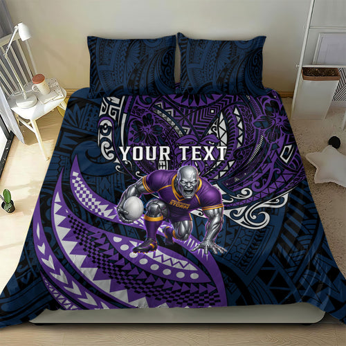 Personalised Melbourne Storm Bedding Set Polynesian Tribal Art Style With Cyborg Storm Mascot