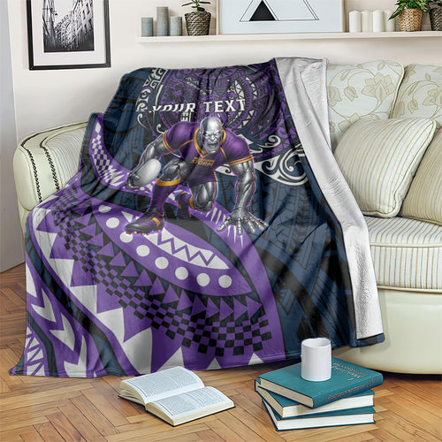 Personalised Melbourne Storm Blanket Polynesian Tribal Art Style With Cyborg Storm Mascot