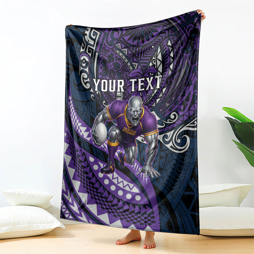 Personalised Melbourne Storm Blanket Polynesian Tribal Art Style With Cyborg Storm Mascot