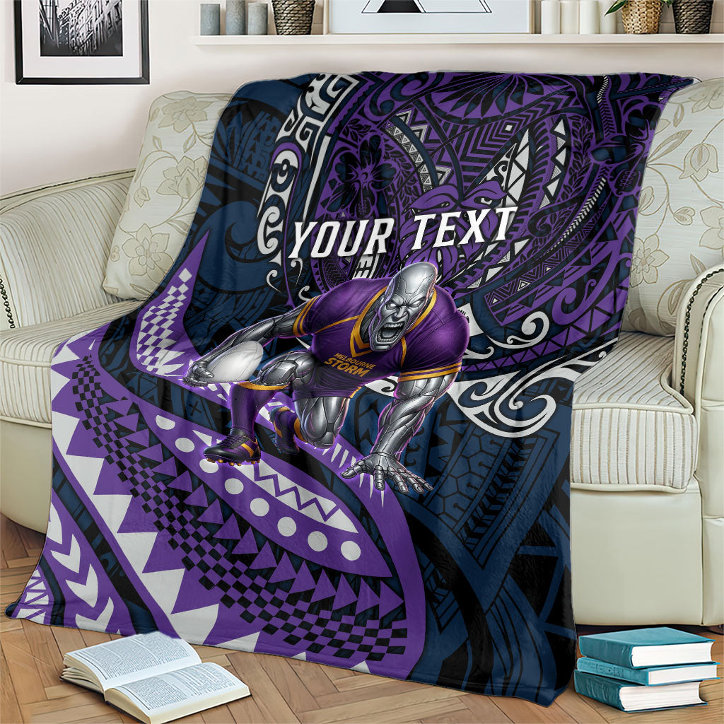 Personalised Melbourne Storm Blanket Polynesian Tribal Art Style With Cyborg Storm Mascot