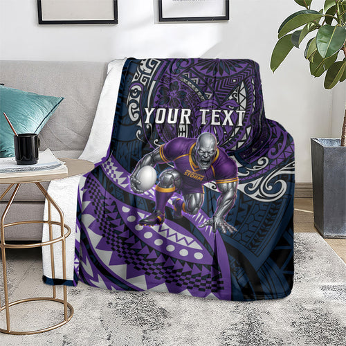Personalised Melbourne Storm Blanket Polynesian Tribal Art Style With Cyborg Storm Mascot