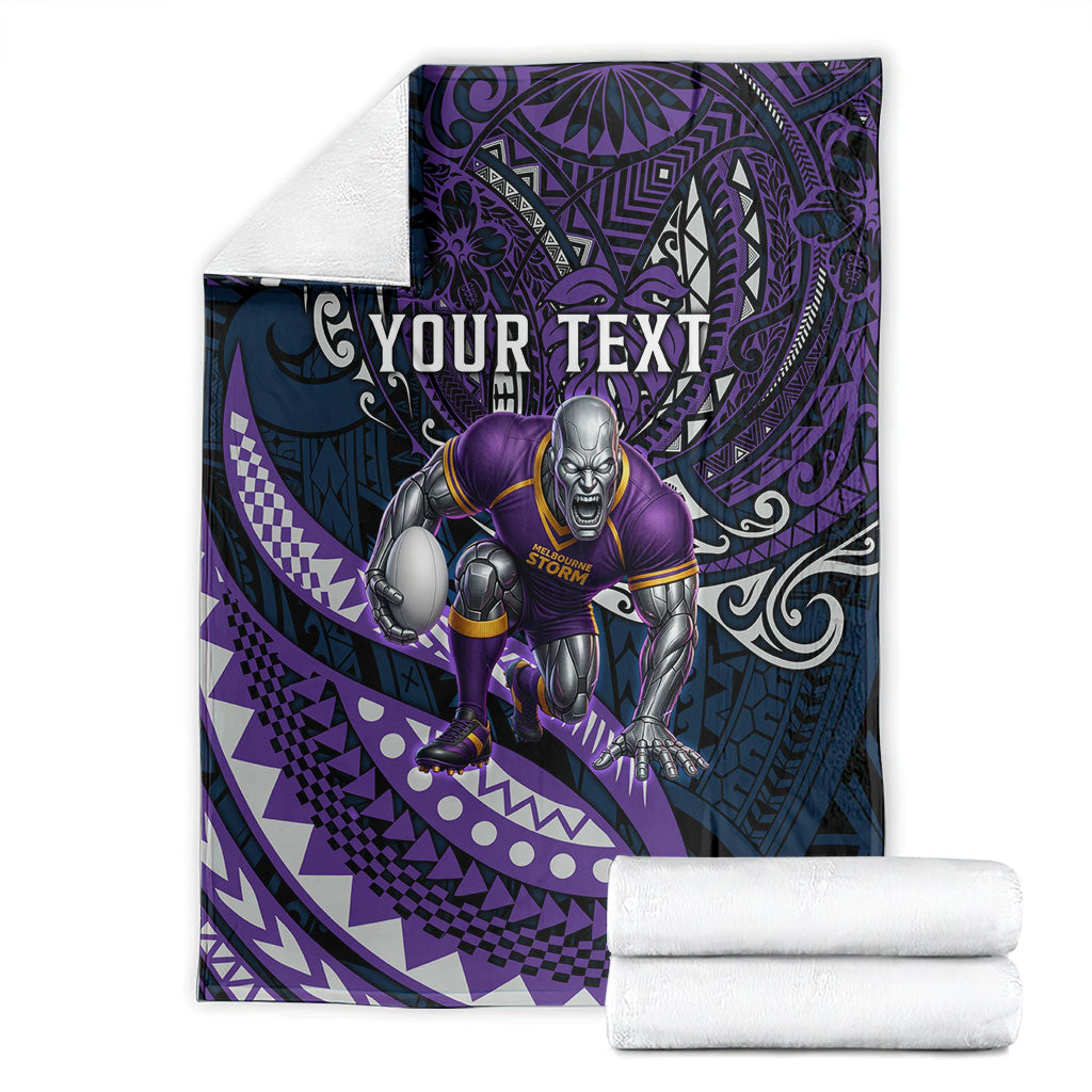Personalised Melbourne Storm Blanket Polynesian Tribal Art Style With Cyborg Storm Mascot