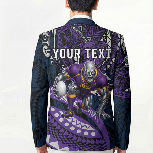 Personalised Melbourne Storm Blazer Polynesian Tribal Art Style With Cyborg Storm Mascot