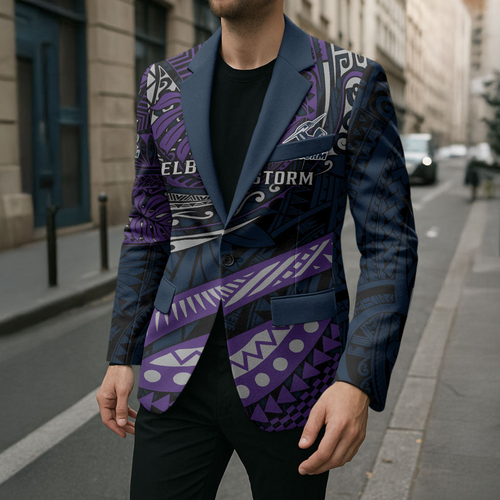 Personalised Melbourne Storm Blazer Polynesian Tribal Art Style With Cyborg Storm Mascot
