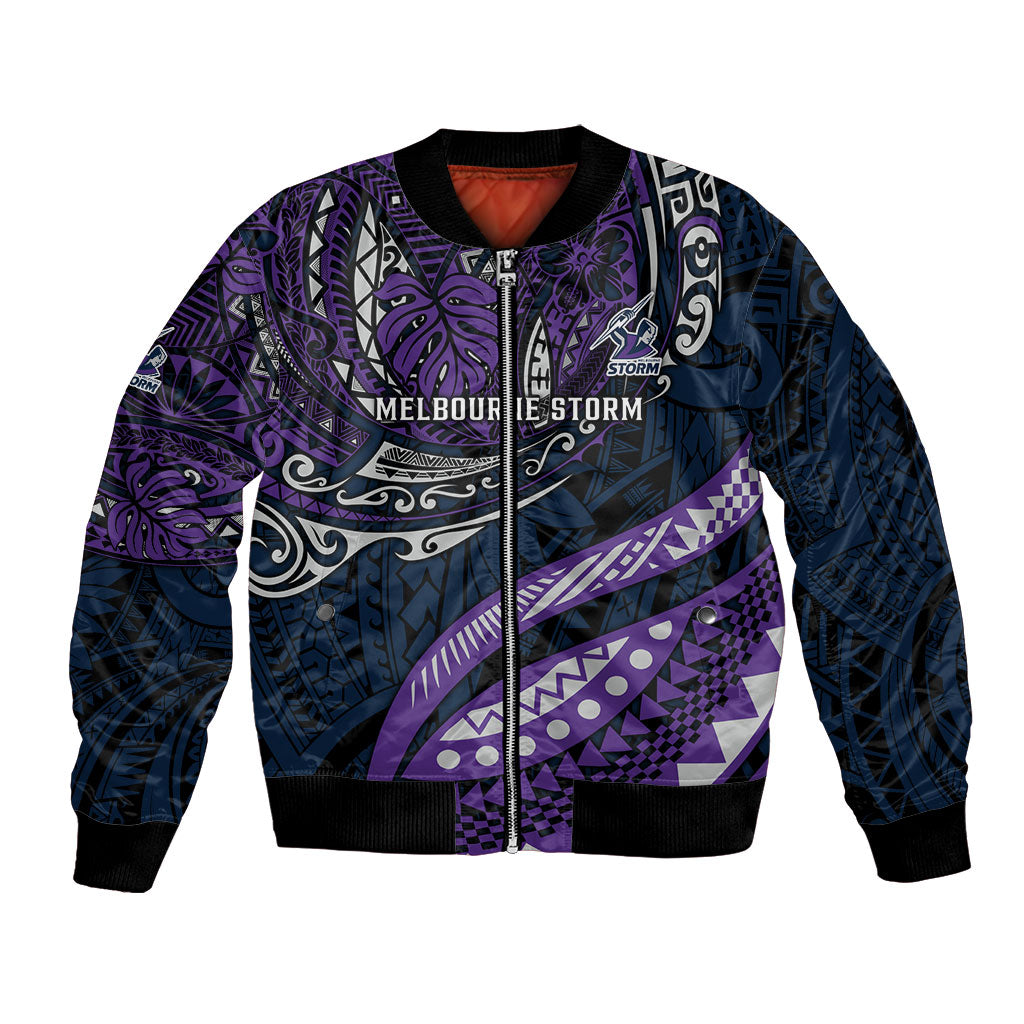 Personalised Melbourne Storm Bomber Jacket Polynesian Tribal Art Style With Cyborg Storm Mascot