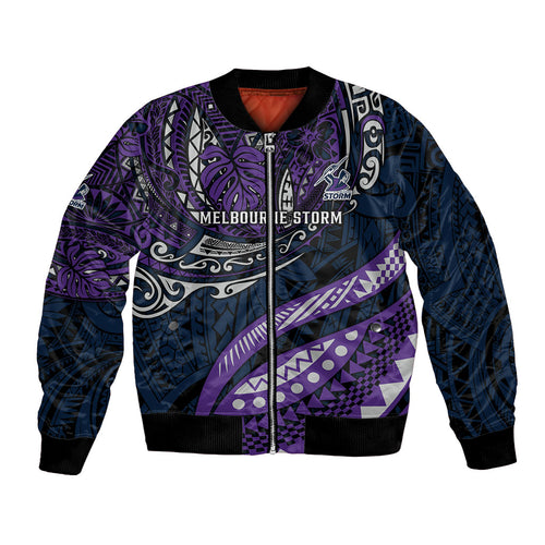 Personalised Melbourne Storm Bomber Jacket Polynesian Tribal Art Style With Cyborg Storm Mascot