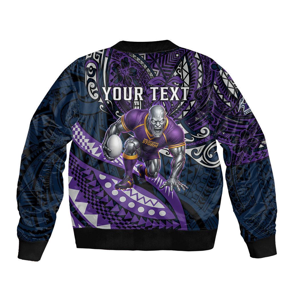 Personalised Melbourne Storm Bomber Jacket Polynesian Tribal Art Style With Cyborg Storm Mascot