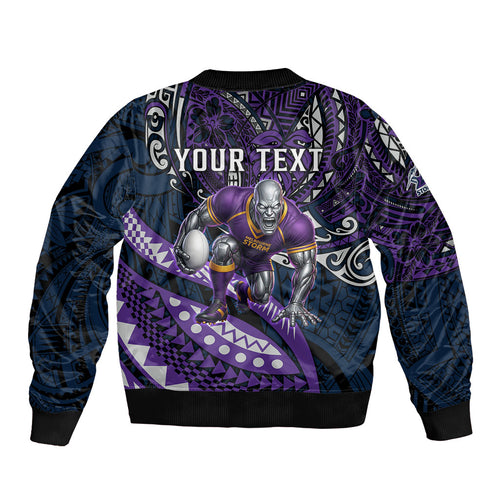 Personalised Melbourne Storm Bomber Jacket Polynesian Tribal Art Style With Cyborg Storm Mascot