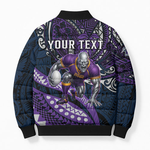 Personalised Melbourne Storm Bomber Puffer Jacket Polynesian Tribal Art Style With Cyborg Storm Mascot