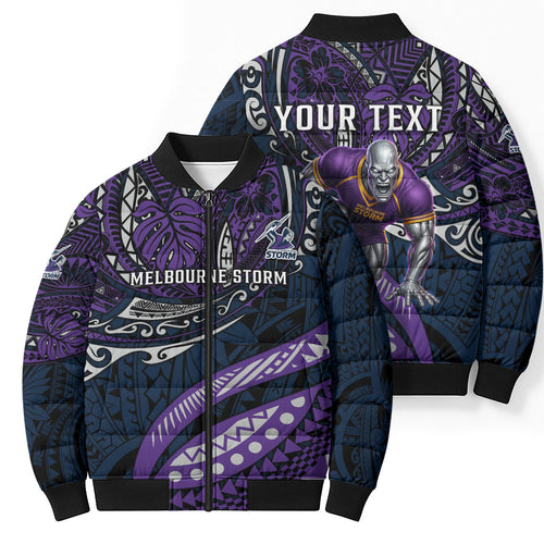 Personalised Melbourne Storm Bomber Puffer Jacket Polynesian Tribal Art Style With Cyborg Storm Mascot