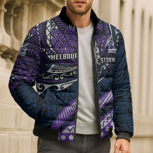 Personalised Melbourne Storm Bomber Puffer Jacket Polynesian Tribal Art Style With Cyborg Storm Mascot