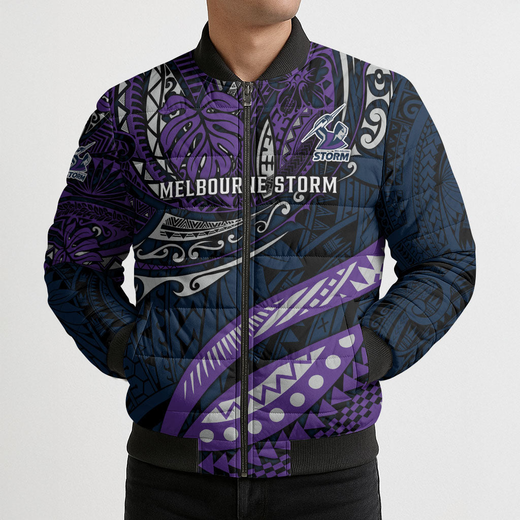 Personalised Melbourne Storm Bomber Puffer Jacket Polynesian Tribal Art Style With Cyborg Storm Mascot