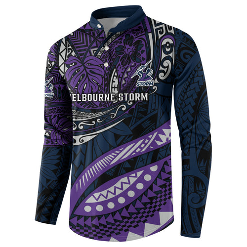 Personalised Melbourne Storm Button Sweatshirt Polynesian Tribal Art Style With Cyborg Storm Mascot