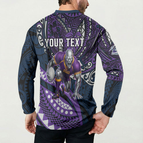 Personalised Melbourne Storm Button Sweatshirt Polynesian Tribal Art Style With Cyborg Storm Mascot