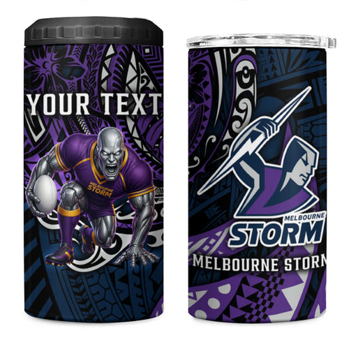 Personalised Melbourne Storm 4 in 1 Can Cooler Tumbler Polynesian Tribal Art Style With Cyborg Storm Mascot