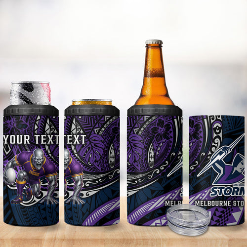 Personalised Melbourne Storm 4 in 1 Can Cooler Tumbler Polynesian Tribal Art Style With Cyborg Storm Mascot