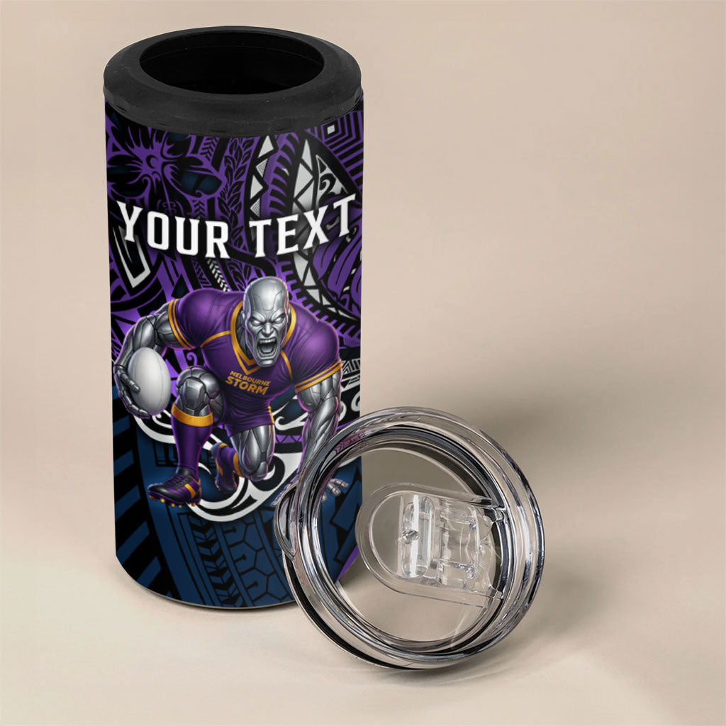 Personalised Melbourne Storm 4 in 1 Can Cooler Tumbler Polynesian Tribal Art Style With Cyborg Storm Mascot