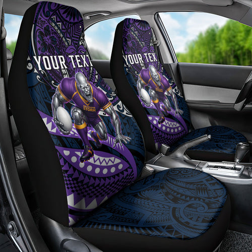Personalised Melbourne Storm Car Seat Cover Polynesian Tribal Art Style With Cyborg Storm Mascot