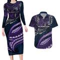 Personalised Melbourne Storm Couples Matching Long Sleeve Bodycon Dress and Hawaiian Shirt Polynesian Tribal Art Style With Cyborg Storm Mascot
