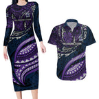 Personalised Melbourne Storm Couples Matching Long Sleeve Bodycon Dress and Hawaiian Shirt Polynesian Tribal Art Style With Cyborg Storm Mascot