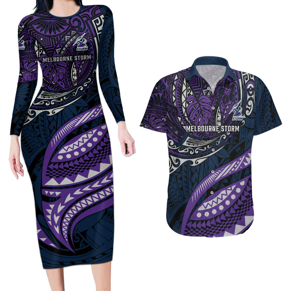 Personalised Melbourne Storm Couples Matching Long Sleeve Bodycon Dress and Hawaiian Shirt Polynesian Tribal Art Style With Cyborg Storm Mascot