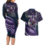 Personalised Melbourne Storm Couples Matching Long Sleeve Bodycon Dress and Hawaiian Shirt Polynesian Tribal Art Style With Cyborg Storm Mascot