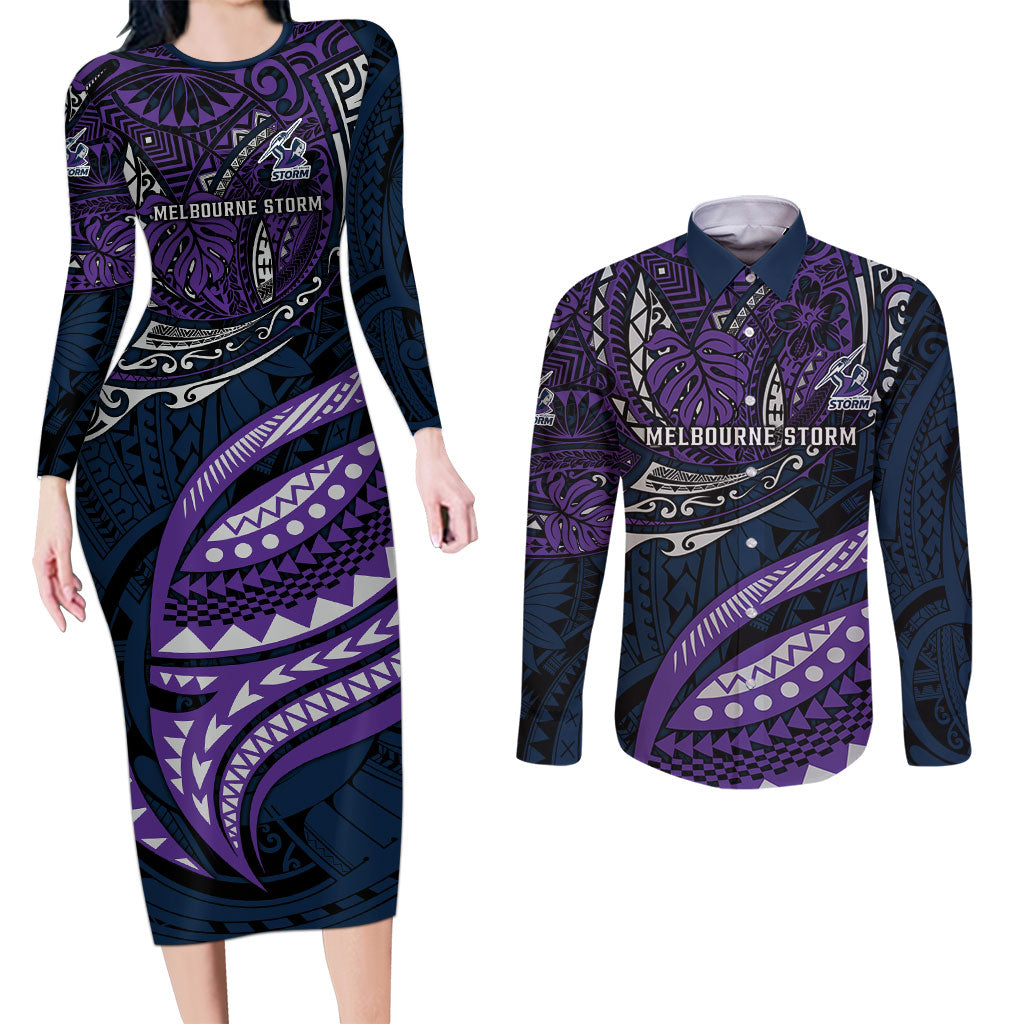 Personalised Melbourne Storm Couples Matching Long Sleeve Bodycon Dress and Long Sleeve Button Shirt Polynesian Tribal Art Style With Cyborg Storm Mascot