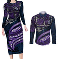 Personalised Melbourne Storm Couples Matching Long Sleeve Bodycon Dress and Long Sleeve Button Shirt Polynesian Tribal Art Style With Cyborg Storm Mascot