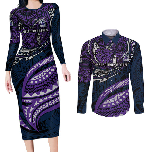 Personalised Melbourne Storm Couples Matching Long Sleeve Bodycon Dress and Long Sleeve Button Shirt Polynesian Tribal Art Style With Cyborg Storm Mascot