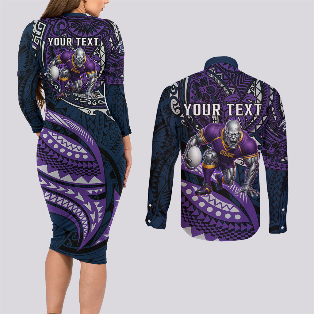 Personalised Melbourne Storm Couples Matching Long Sleeve Bodycon Dress and Long Sleeve Button Shirt Polynesian Tribal Art Style With Cyborg Storm Mascot