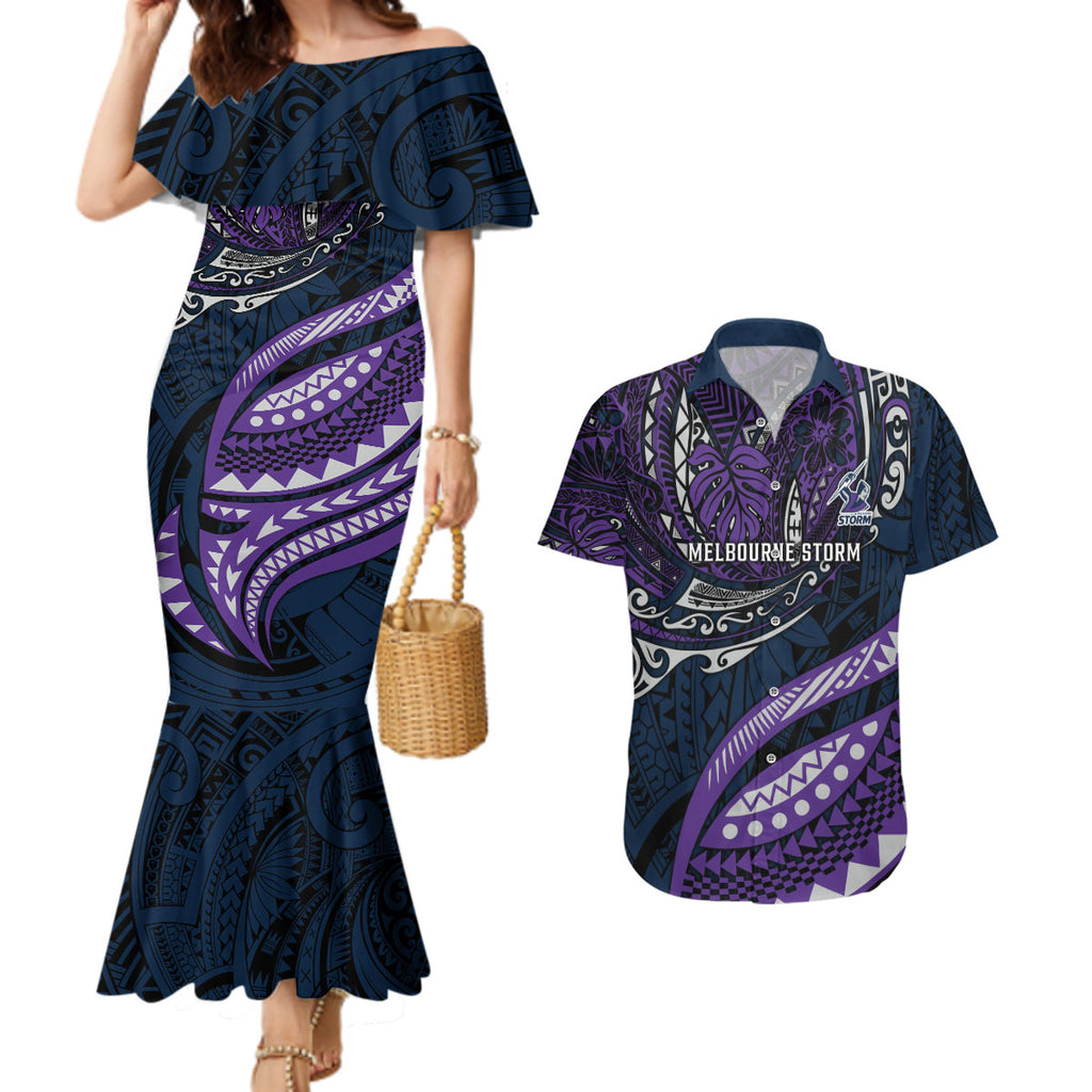 Personalised Melbourne Storm Couples Matching Mermaid Dress and Hawaiian Shirt Polynesian Tribal Art Style With Cyborg Storm Mascot