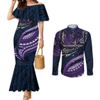 Personalised Melbourne Storm Couples Matching Mermaid Dress and Long Sleeve Button Shirt Polynesian Tribal Art Style With Cyborg Storm Mascot